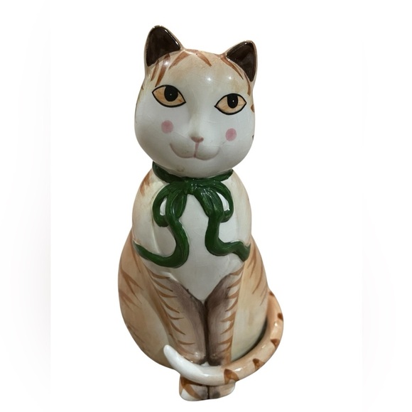 MCM Striped Ceramic Cat Figurine Whimsical Tabby Feline Green Bow Vintage Kitsch - Picture 1 of 7